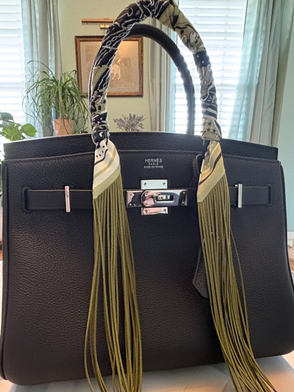 Olive Green Horse Print Fringe Handbag Wrap Twilly Scarf Purse Accessory - Picture 2 of 5